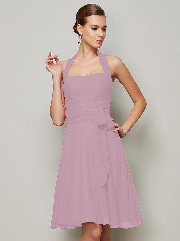 Charming Halter Sleeveless Pleats Bowknot Short Chiffon Bridesmaid Dresses