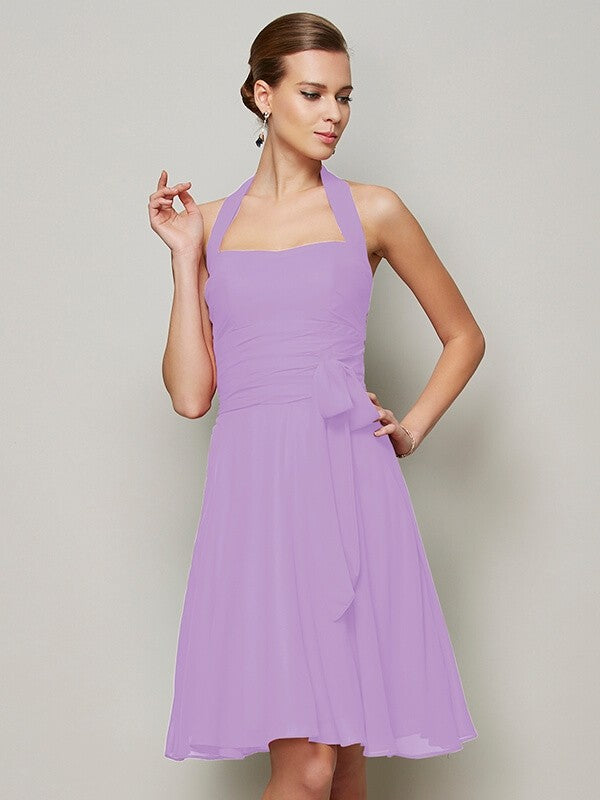 Charming Halter Sleeveless Pleats Bowknot Short Chiffon Bridesmaid Dresses