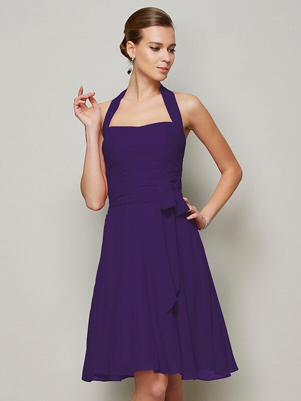 Charming Halter Sleeveless Pleats Bowknot Short Chiffon Bridesmaid Dresses