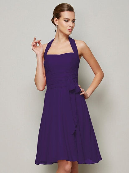 Charming Halter Sleeveless Pleats Bowknot Short Chiffon Bridesmaid Dresses