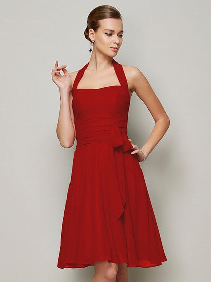 Charming Halter Sleeveless Pleats Bowknot Short Chiffon Bridesmaid Dresses