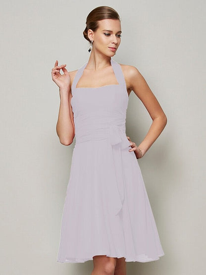 Charming Halter Sleeveless Pleats Bowknot Short Chiffon Bridesmaid Dresses