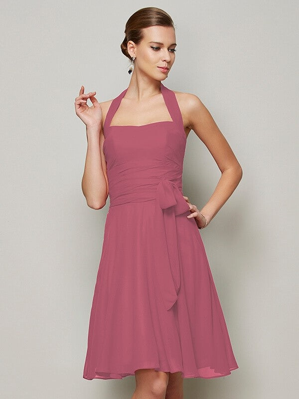 Charming Halter Sleeveless Pleats Bowknot Short Chiffon Bridesmaid Dresses