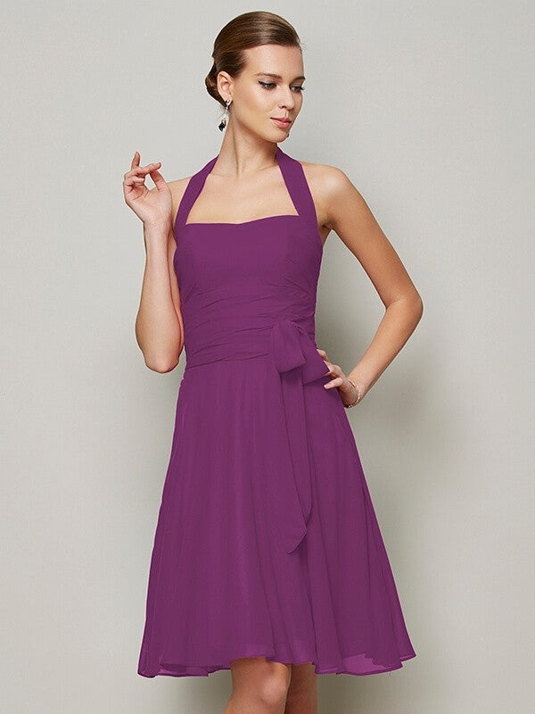 Charming Halter Sleeveless Pleats Bowknot Short Chiffon Bridesmaid Dresses