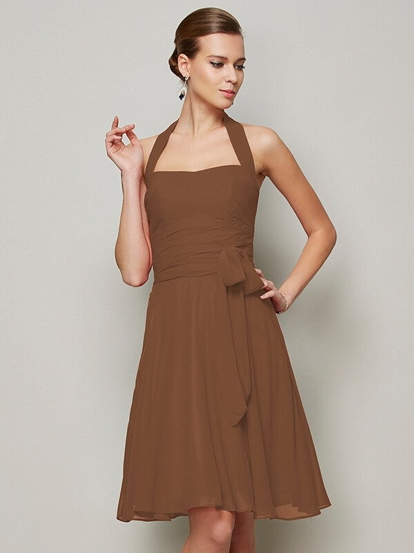 Charming Halter Sleeveless Pleats Bowknot Short Chiffon Bridesmaid Dresses