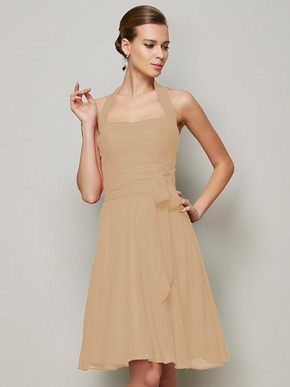 Charming Halter Sleeveless Pleats Bowknot Short Chiffon Bridesmaid Dresses