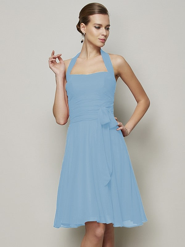 Charming Halter Sleeveless Pleats Bowknot Short Chiffon Bridesmaid Dresses