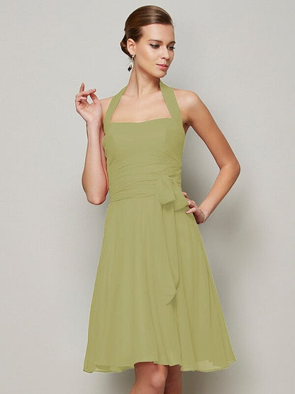 Charming Halter Sleeveless Pleats Bowknot Short Chiffon Bridesmaid Dresses