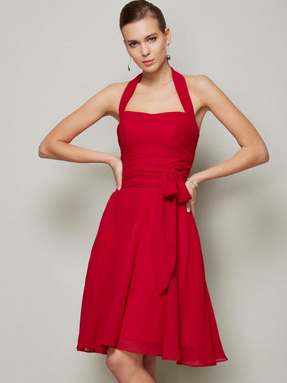 Charming Halter Sleeveless Pleats Bowknot Short Chiffon Bridesmaid Dresses