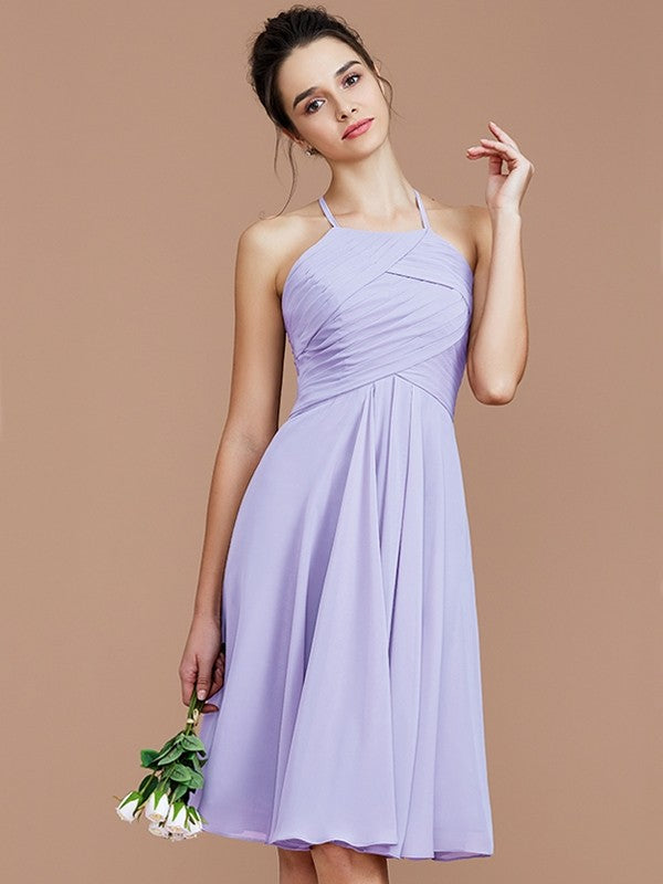 Charming Halter Sleeveless Ruched Short/Mini Chiffon Bridesmaid Dresses