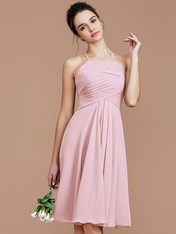 Charming Halter Sleeveless Ruched Short/Mini Chiffon Bridesmaid Dresses