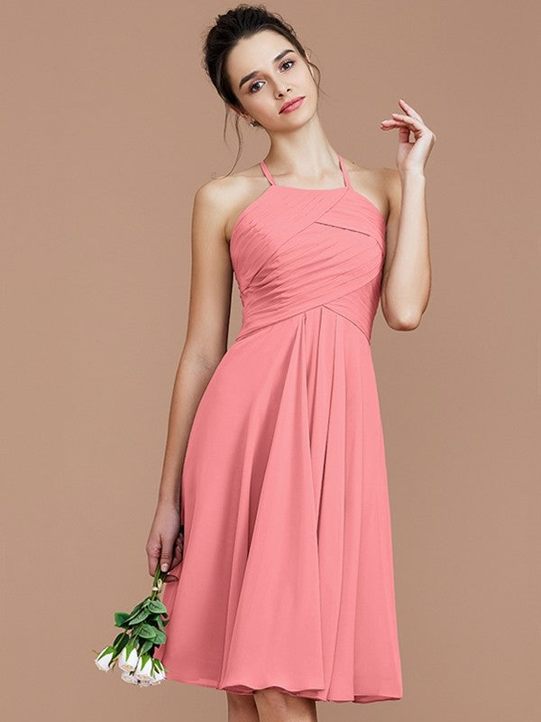 Charming Halter Sleeveless Ruched Short/Mini Chiffon Bridesmaid Dresses