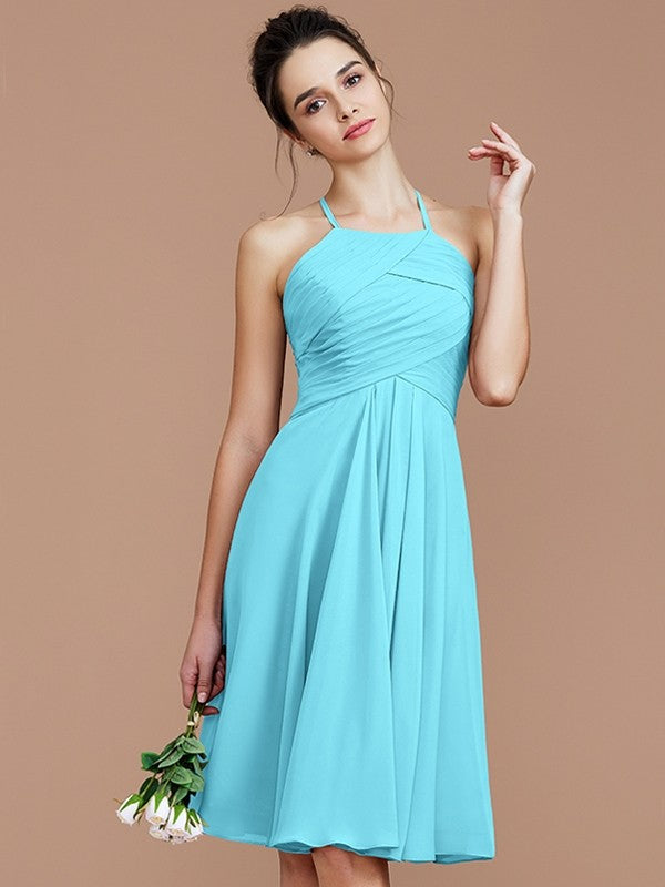 Charming Halter Sleeveless Ruched Short/Mini Chiffon Bridesmaid Dresses