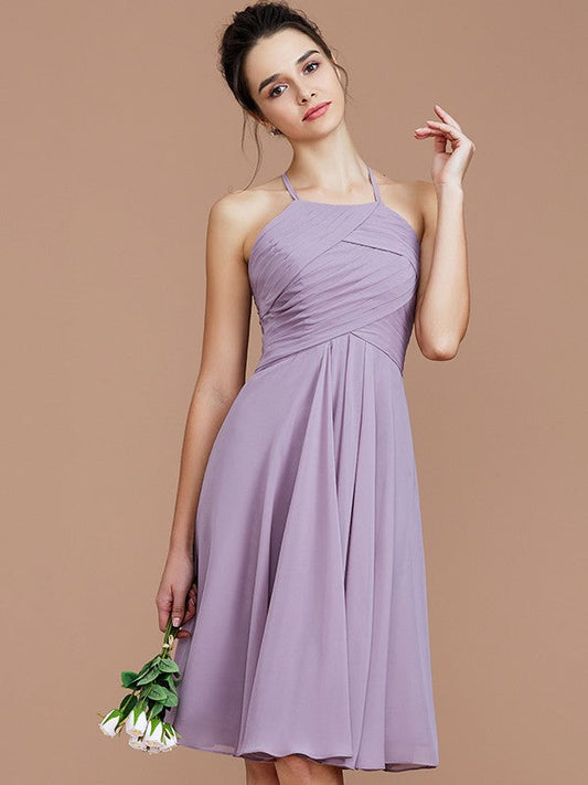 Charming Halter Sleeveless Ruched Short/Mini Chiffon Bridesmaid Dresses