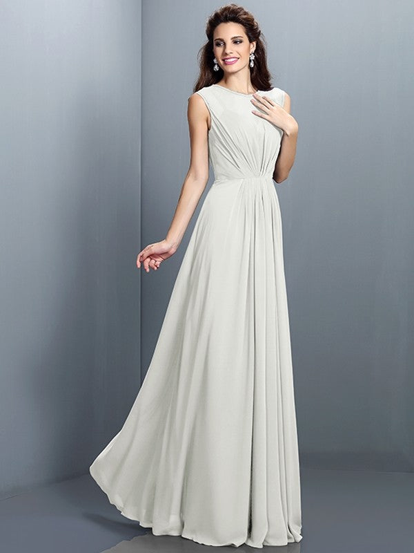 Charming High Neck Pleats Sleeveless Long Chiffon Bridesmaid Dresses