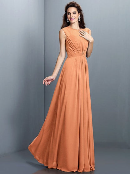 Charming High Neck Pleats Sleeveless Long Chiffon Bridesmaid Dresses