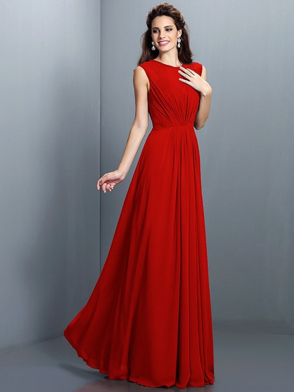 Charming High Neck Pleats Sleeveless Long Chiffon Bridesmaid Dresses