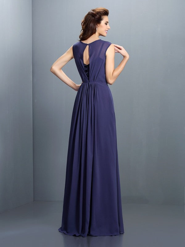 Charming High Neck Pleats Sleeveless Long Chiffon Bridesmaid Dresses