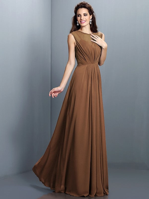 Charming High Neck Pleats Sleeveless Long Chiffon Bridesmaid Dresses