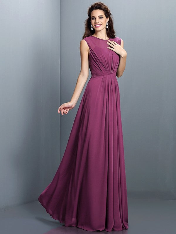 Charming High Neck Pleats Sleeveless Long Chiffon Bridesmaid Dresses