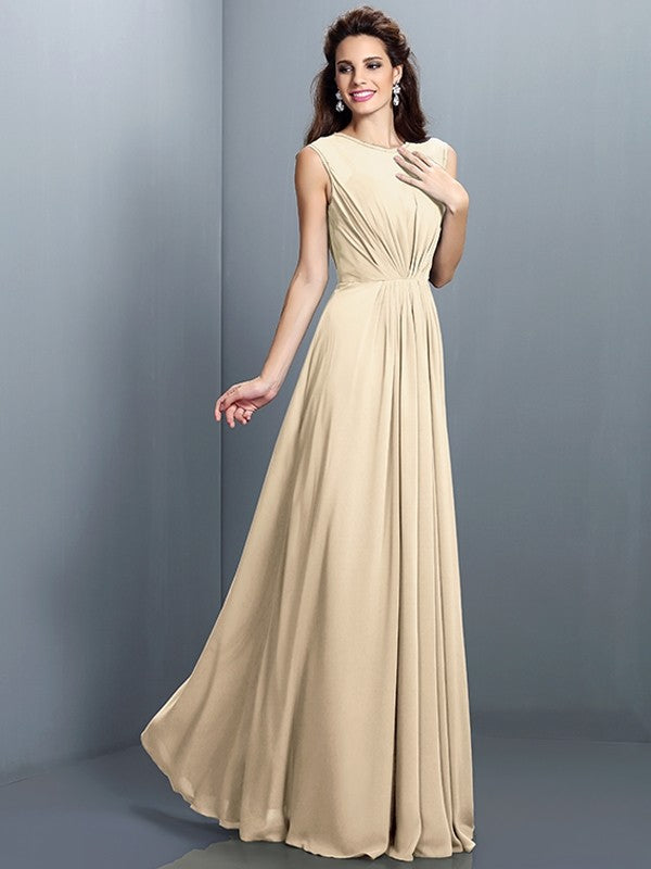 Charming High Neck Pleats Sleeveless Long Chiffon Bridesmaid Dresses