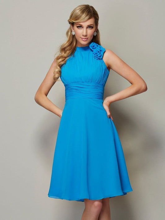 Charming High Neck Sleeveless Pleats Short Chiffon Bridesmaid Dresses