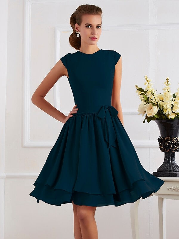 Charming High Neck Sleeveless Sash/Ribbon/Belt Short Chiffon Bridesmaid Dresses