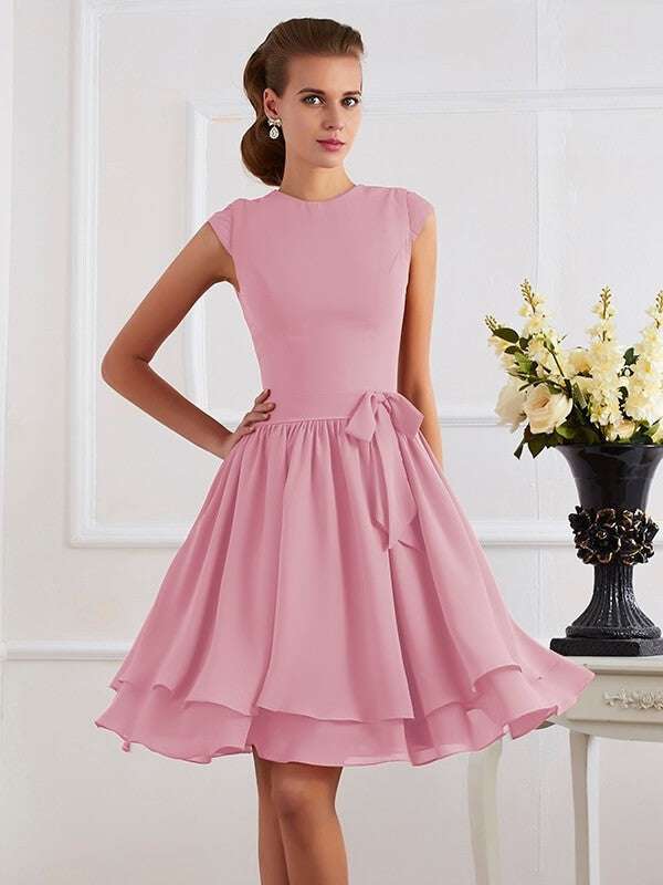 Charming High Neck Sleeveless Sash/Ribbon/Belt Short Chiffon Bridesmaid Dresses