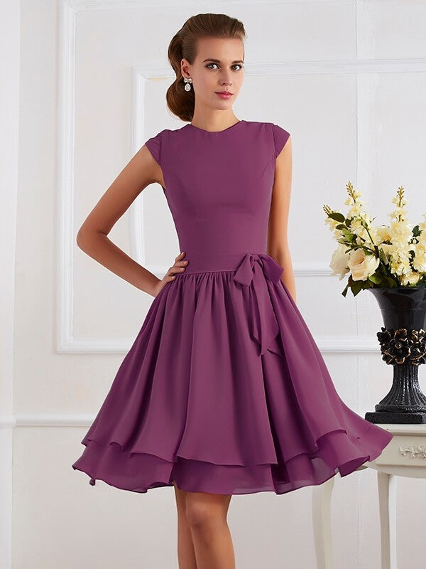 Charming High Neck Sleeveless Sash/Ribbon/Belt Short Chiffon Bridesmaid Dresses