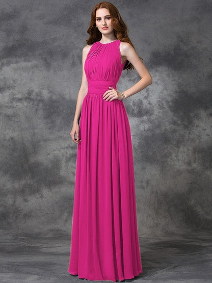 Charming Jewel Ruched Sleeveless Long Chiffon Bridesmaid Dresses