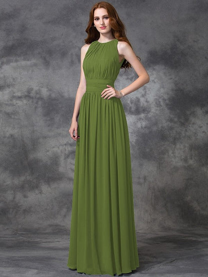 Charming Jewel Ruched Sleeveless Long Chiffon Bridesmaid Dresses