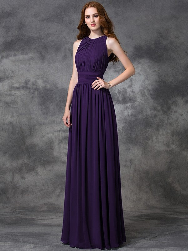 Charming Jewel Ruched Sleeveless Long Chiffon Bridesmaid Dresses