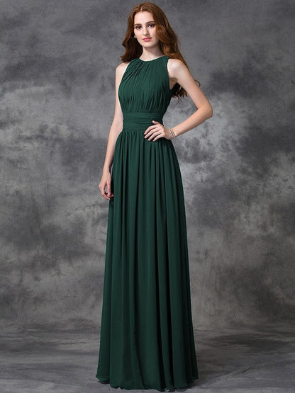 Charming Jewel Ruched Sleeveless Long Chiffon Bridesmaid Dresses