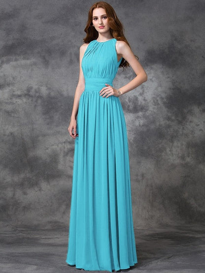 Charming Jewel Ruched Sleeveless Long Chiffon Bridesmaid Dresses