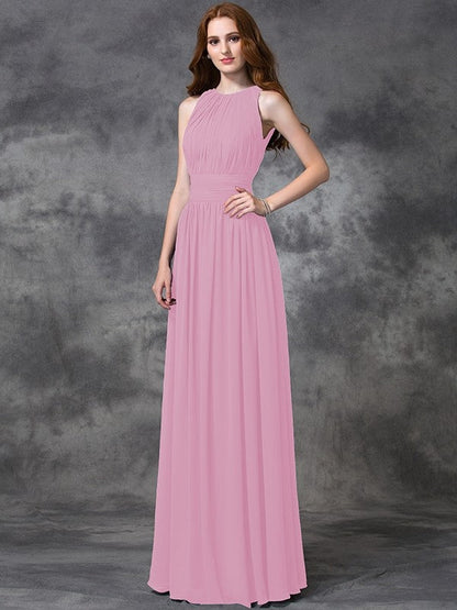 Charming Jewel Ruched Sleeveless Long Chiffon Bridesmaid Dresses