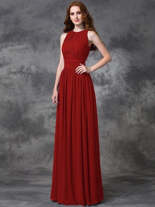 Charming Jewel Ruched Sleeveless Long Chiffon Bridesmaid Dresses