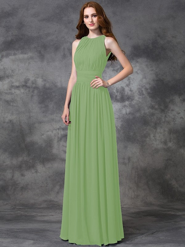 Charming Jewel Ruched Sleeveless Long Chiffon Bridesmaid Dresses