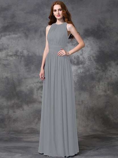 Charming Jewel Ruched Sleeveless Long Chiffon Bridesmaid Dresses