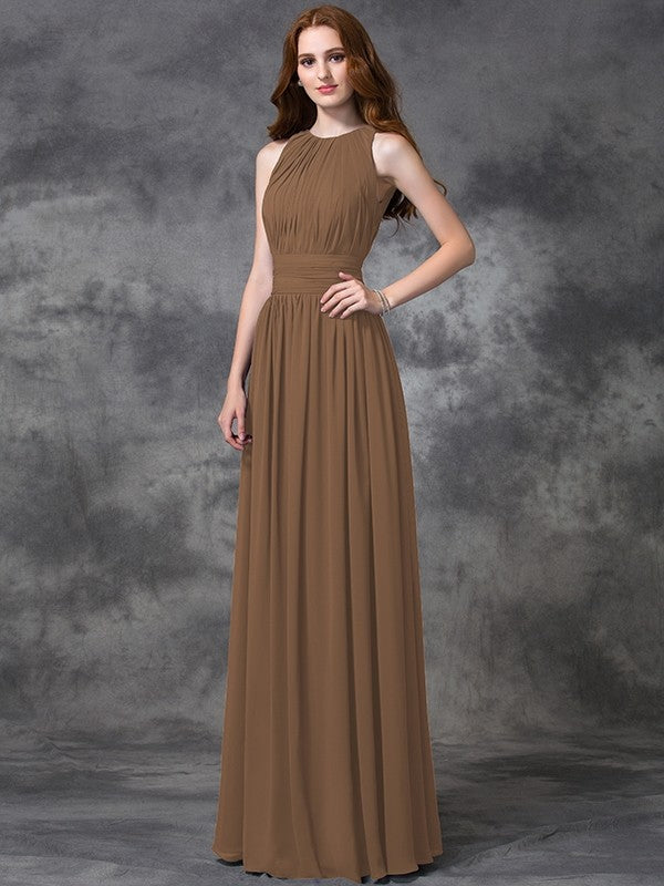 Charming Jewel Ruched Sleeveless Long Chiffon Bridesmaid Dresses