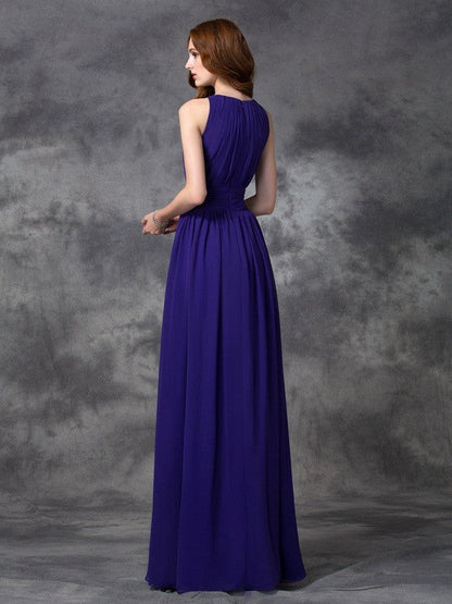 Charming Jewel Ruched Sleeveless Long Chiffon Bridesmaid Dresses