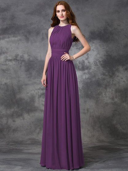 Charming Jewel Ruched Sleeveless Long Chiffon Bridesmaid Dresses