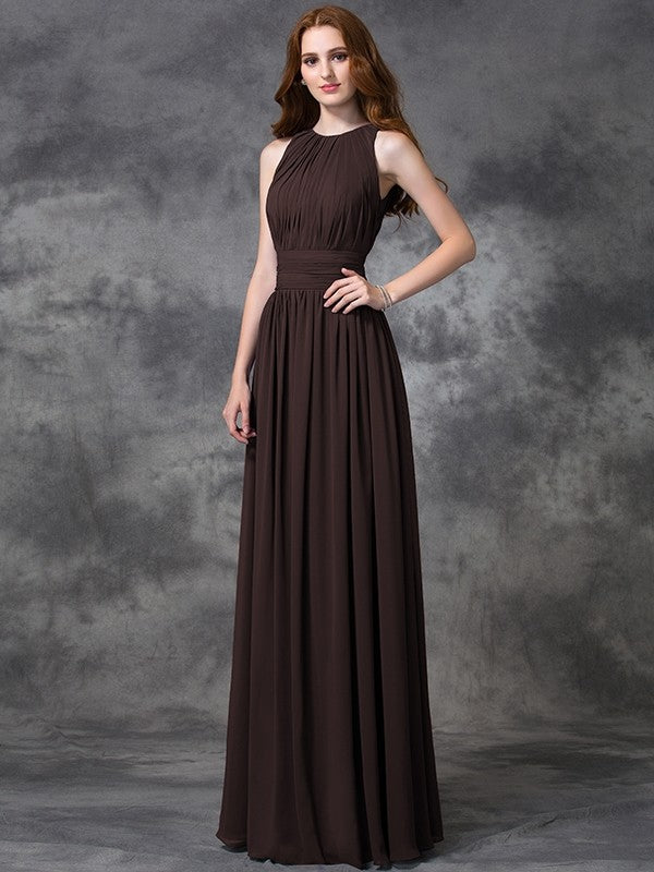 Charming Jewel Ruched Sleeveless Long Chiffon Bridesmaid Dresses