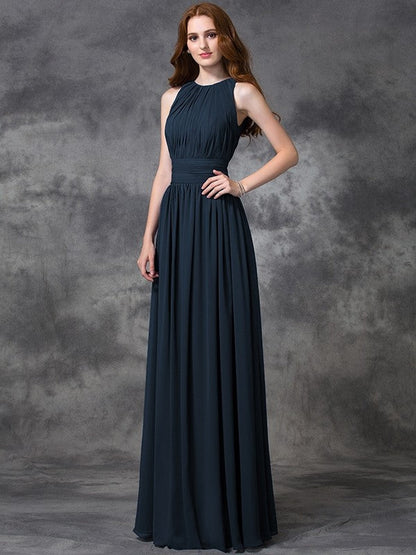 Charming Jewel Ruched Sleeveless Long Chiffon Bridesmaid Dresses