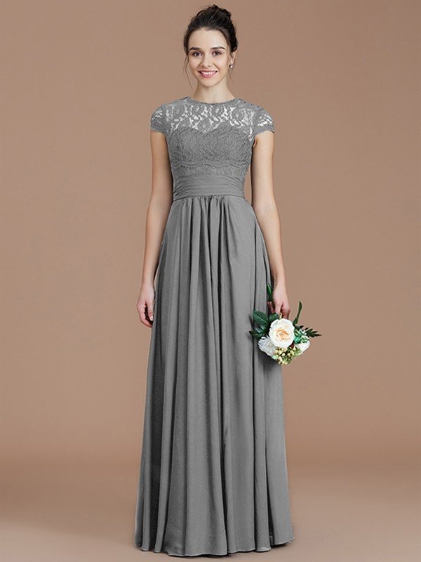 Charming Jewel Short Sleeves Lace Chiffon Bridesmaid Dresses