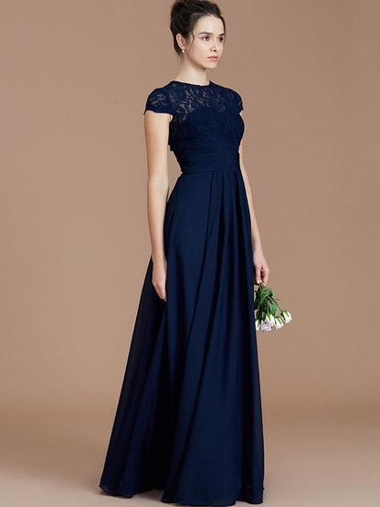 Charming Jewel Short Sleeves Lace Chiffon Bridesmaid Dresses