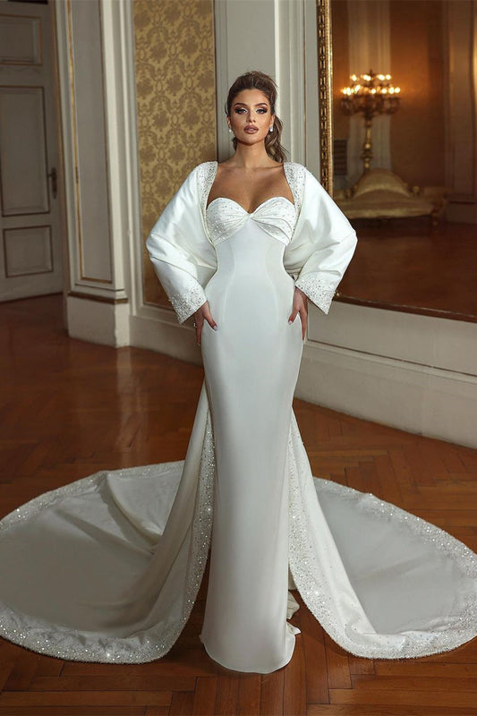 Charming Long Mermaid Sweetheart Long Sleeves Beading Wedding Dress With Train