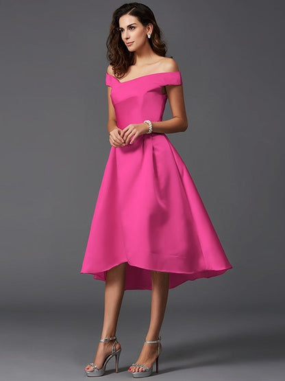 Charming Off-the-Shoulder Sleeveless High Low Satin Bridesmaid Dresses