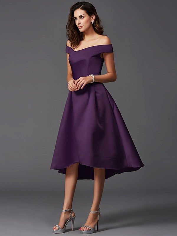 Charming Off-the-Shoulder Sleeveless High Low Satin Bridesmaid Dresses