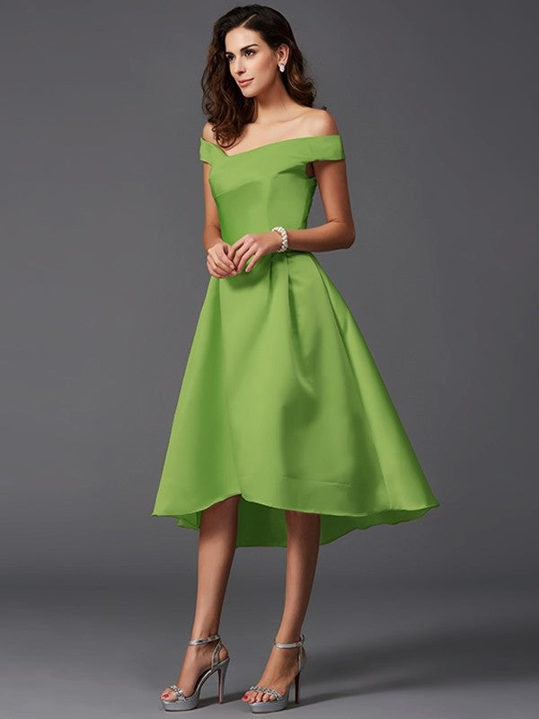 Charming Off-the-Shoulder Sleeveless High Low Satin Bridesmaid Dresses