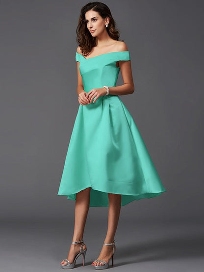 Charming Off-the-Shoulder Sleeveless High Low Satin Bridesmaid Dresses